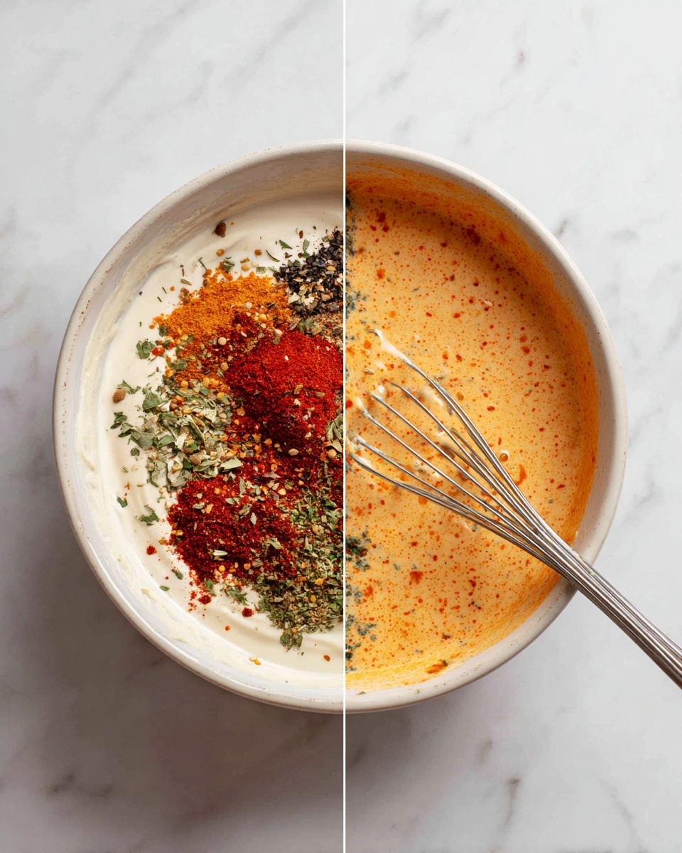 The image shows two side-by-side close-ups of a white bowl on a white marbled surface. On the left side, the bowl contains several unmixed ingredients layered separately: a base of creamy white yogurt or sauce, topped with bright red, dark red, orange, and green spices scattered unevenly, giving a colorful, textured look. On the right side, the same bowl shows the ingredients fully mixed into a smooth, light orange sauce with fine specks throughout, and a metal whisk partially visible in the bowl, suggesting stirring. photo taken with an iphone --ar 4:5 --v 7