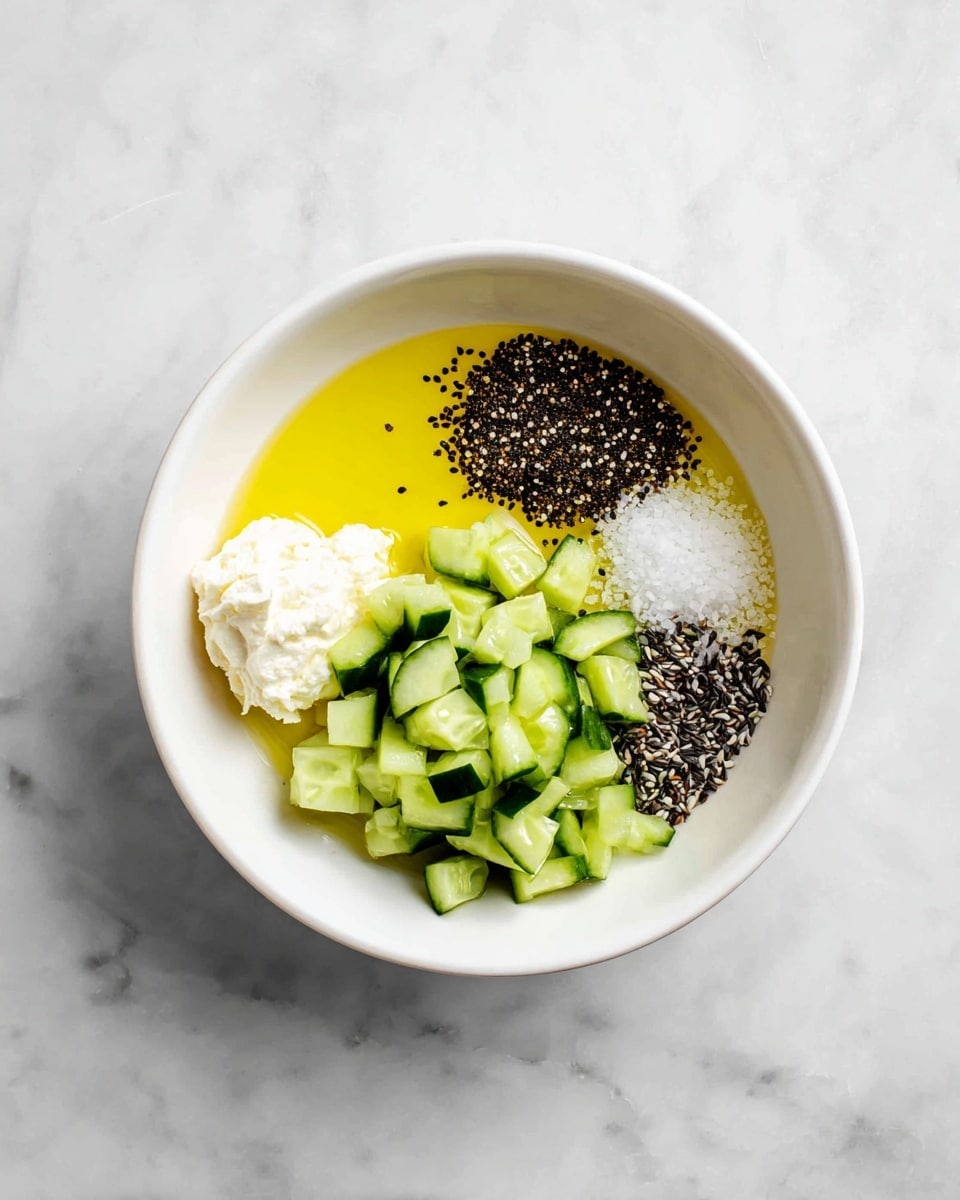 A white bowl sits on a white marbled surface, filled with six different ingredients arranged in separate sections inside. There is a bright yellow oil covering part of the bowl, a small dollop of pale cream placed close to it, fresh chopped green cucumbers to one side, a small pile of black and white seeds near the cucumbers, and some coarse white salt beside the seeds. Everything sits separately with clear divisions, showing different colors and textures. Photo taken with an iphone --ar 4:5 --v 7