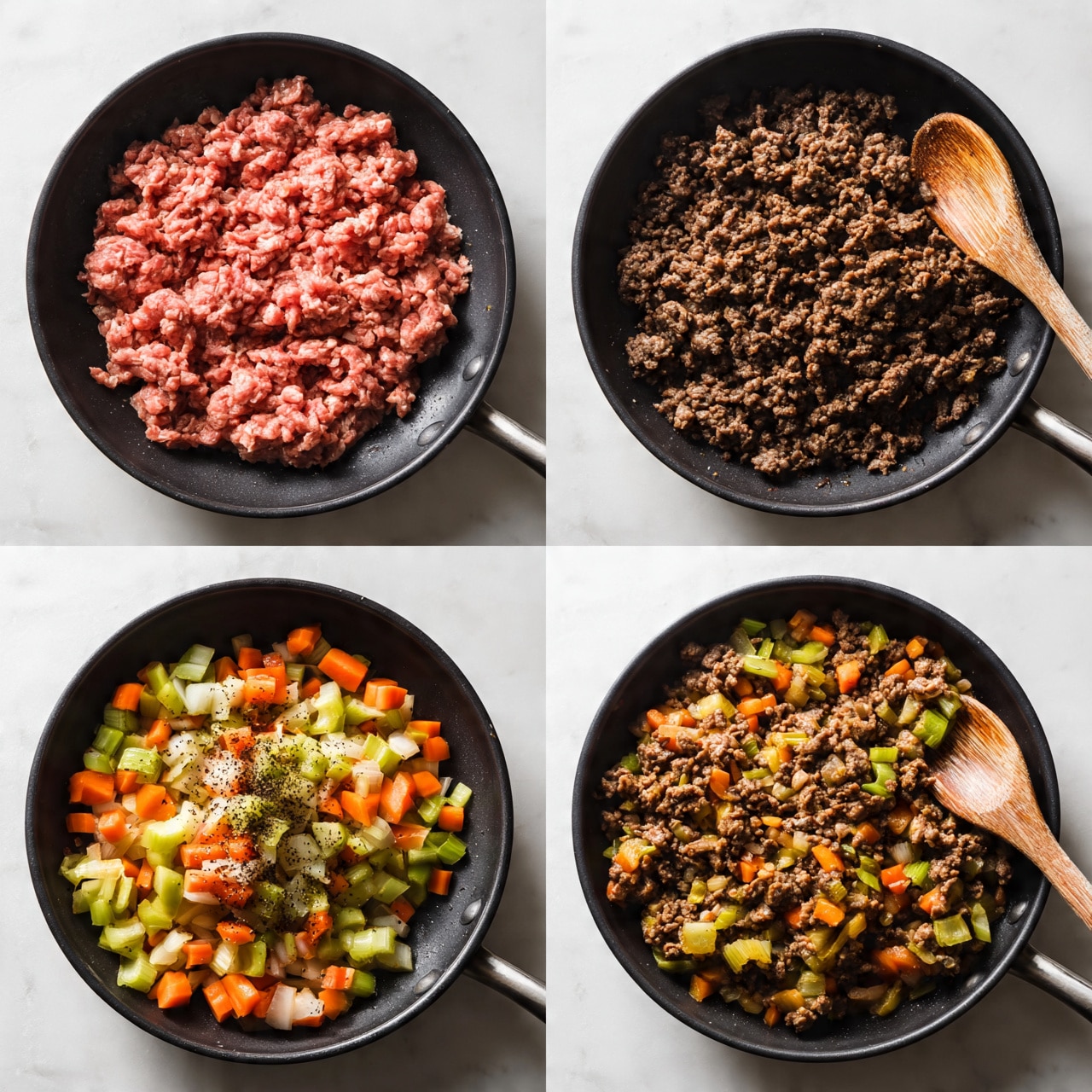 A collage of four close-up photos showing the cooking process of a ground meat dish. The first image shows raw red ground meat placed on a black pan with a wooden spoon on the right side. The second image shows browned ground meat, dark brown and crumbly, being stirred with the wooden spoon on the right side of the black pan. The third image shows bright chopped vegetables including orange carrots, green celery, and white onions in the black pan sprinkled with black pepper. The fourth image shows the same vegetables cooked until soft, with a mix of orange, green, and white colors, being stirred by the wooden spoon on the right. All images have a white marbled surface visible around the edges. Photo taken with an iphone --ar 4:5 --v 7