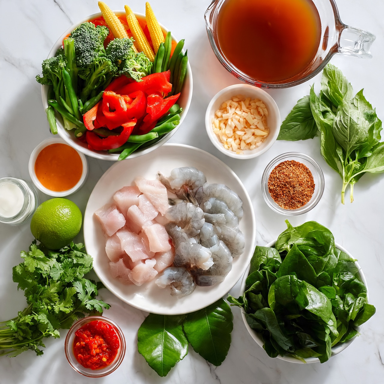This image shows an overhead view of many small bowls and plates on a white marbled surface. In the center is a white plate with raw light pink fish cubes on the left and raw gray shrimp on the right. Above it is a white bowl filled with bright red sliced bell peppers, green broccolini, yellow baby corn, and green beans. To the right is a clear measuring cup with brown broth. Below the broth is a small white bowl with finely chopped pale ingredients. To the right of the plate is a smaller clear bowl with reddish-brown spice. Below that is a white bowl filled with fresh dark green spinach leaves. Below the plate are two green kaffir lime leaves. To the left of the plate is a fresh green lime, a bunch of green cilantro, a small white bowl with orange liquid, a small jar of white cream, and a small clear bowl with red chili paste. A bunch of fresh green basil sits in the upper middle right area of the image. Photo taken with an iphone --ar 4:5 --v 7