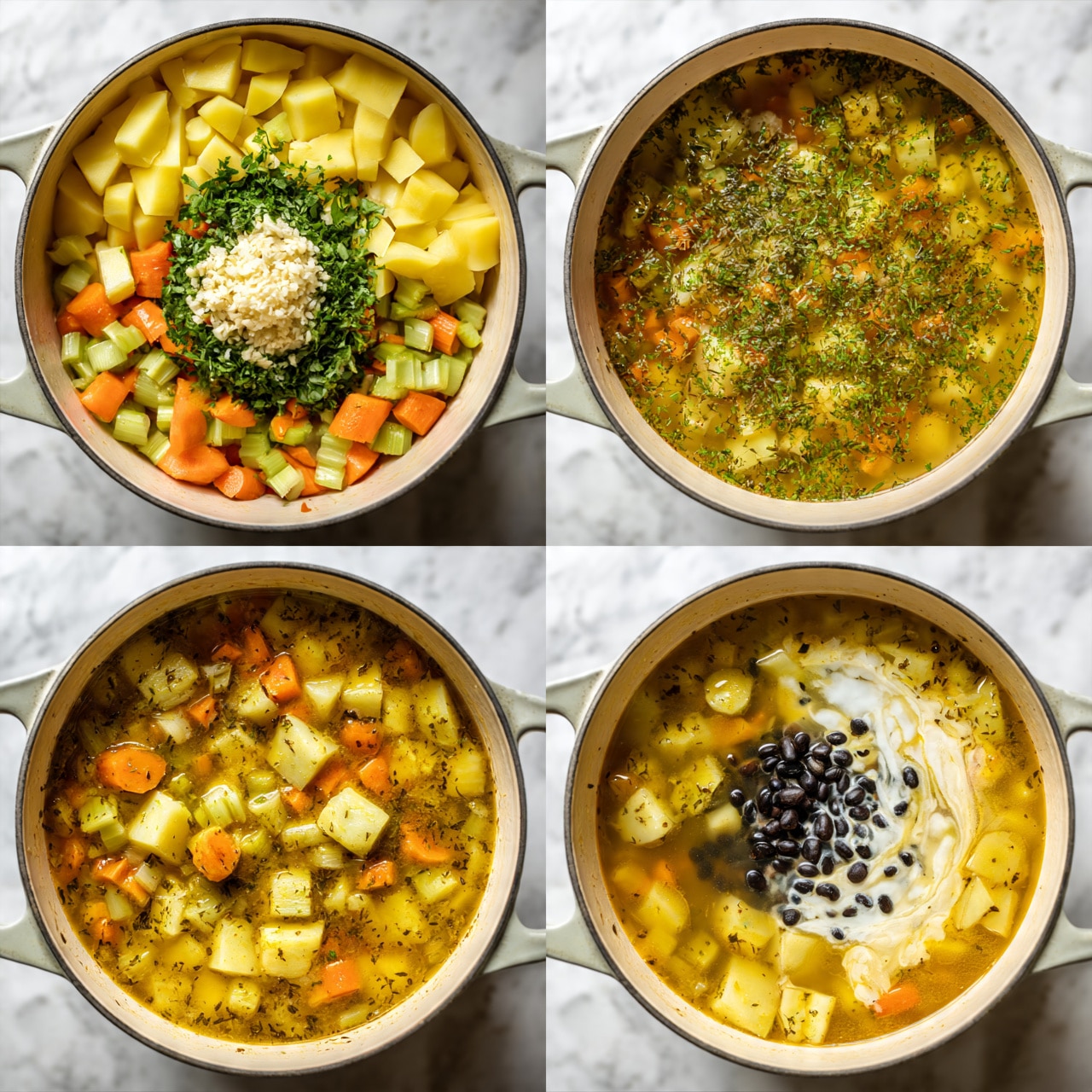 The image shows four close-up shots of a cooking pot on a white marbled surface, each with different stages of a soup or stew. The top left image shows a pot filled with small diced yellow potatoes, chopped carrots, and celery with a pile of fresh herbs and minced garlic on top. The top right image shows the pot filled with a thin yellow liquid broth that has finely chopped herbs sprinkled throughout. The bottom left image shows the pot filled with a fuller soup containing diced vegetables like yellow potatoes, carrots, and celery in the yellow broth with herbs floating on top. The bottom right image shows the same soup with dark small beans and a splash of white cream added on the surface, blending slightly with the broth. Photo taken with an iphone --ar 4:5 --v 7