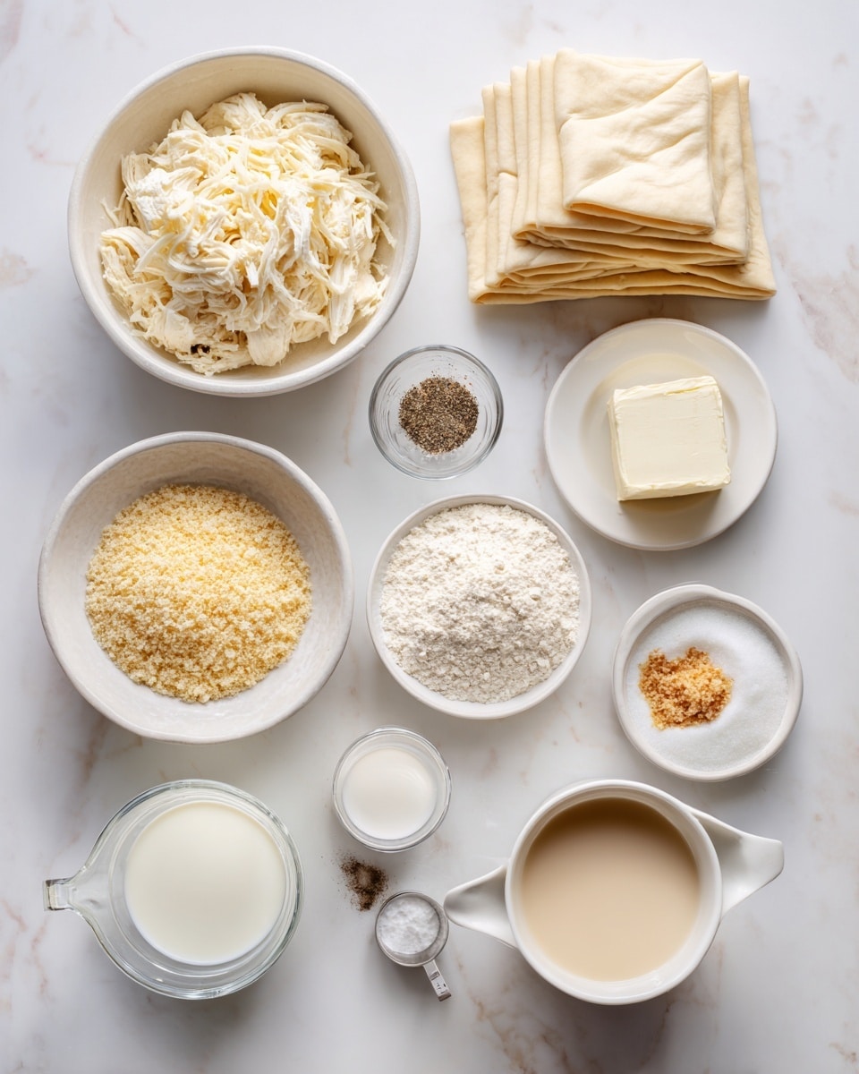 The image shows six steps of making a baked crescent snack. In step one, there is a clear glass bowl with a white creamy mixture with light shredded pieces, surrounded by unrolled light beige dough logs on a white marbled surface. Step two shows a wooden board with a light beige triangular dough piece, a spoon with filling on it, and some rolled dough pieces placed nearby. Step three displays a small white bowl filled with light brown crumbs, with one crescent being coated and a silver fork beside it on the white marbled surface. Step four has many light beige crescent shapes evenly placed on a dark baking tray ready for baking. Step five shows the same tray with the crescents now golden brown and baked. Step six features a metal pot filled with a smooth creamy yellow sauce with black pepper on top, set on the white marbled surface with some green herbs nearby. photo taken with an iphone --ar 4:5 --v 7