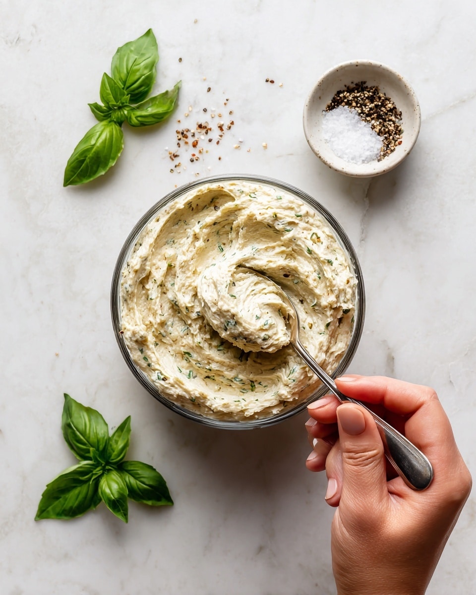A clear glass bowl held by a woman's hand with a white marbled surface beneath it contains a creamy mixture with a thick texture, light beige in color with visible flecks of green herbs and small brownish bits mixed throughout. A metal spoon is scooping into the mixture, held by another woman's hand, showing the thick and uneven consistency of the cream blend. To the side, on the same white marbled surface, there is a small white bowl with coarse salt and cracked black pepper. A couple of green basil leaves are placed near the setup. Photo taken with an iphone --ar 4:5 --v 7