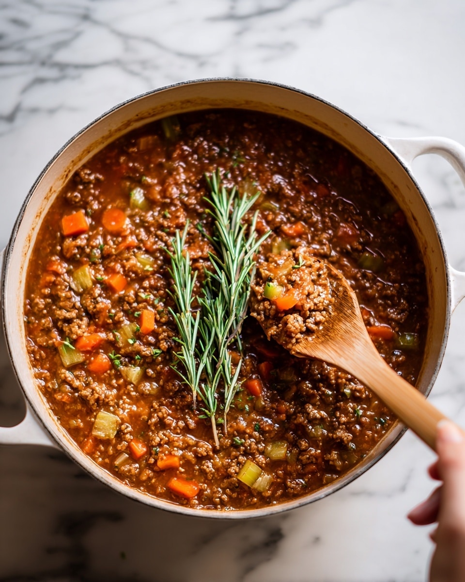 A close-up view of a white pot filled with a thick, brown ground meat sauce mixed with small diced orange carrots and bits of green celery, creating a speckled texture throughout. In the center of the pot, a fresh green sprig of rosemary lies on top of the sauce, adding a vibrant color contrast. On the right side, a wooden spoon stirs the sauce, lifting a chunk of meat and vegetables, held by a woman's hand. The background is a white marbled surface, enhancing the warm, earthy tones of the dish. photo taken with an iphone --ar 4:5 --v 7