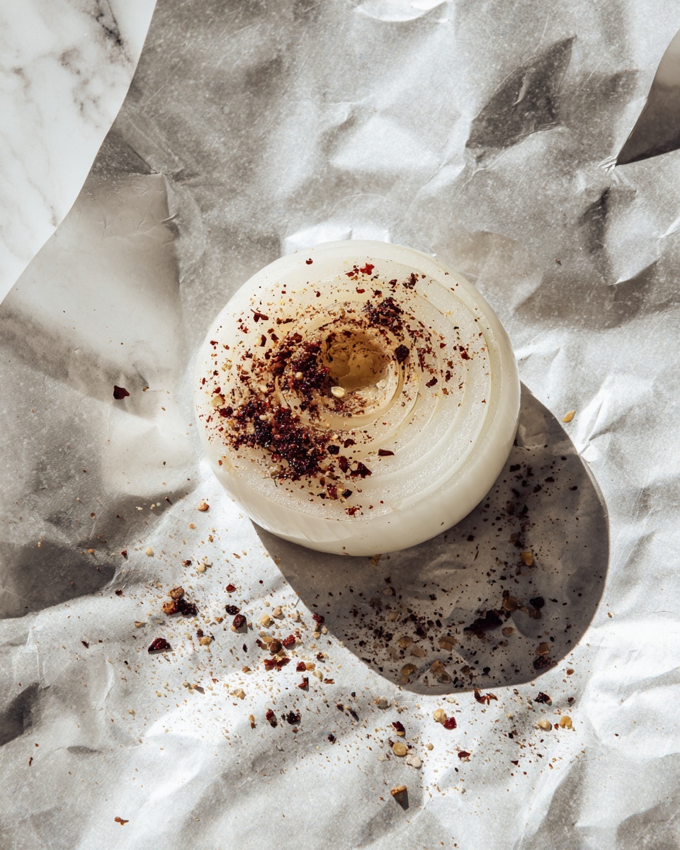 A round onion slice with a hollow center sits on crinkled silver foil, placed on a white marbled surface. The onion ring is pale white with a soft, smooth texture, topped with a sprinkle of dark reddish-brown spice and oil that creates a shiny crust. The foil beneath catches light, showing reflections and wrinkles that draw attention to the center onion piece. Scattered around the onion are tiny granules of seasoning, adding fine detail. Photo taken with an iphone --ar 4:5 --v 7