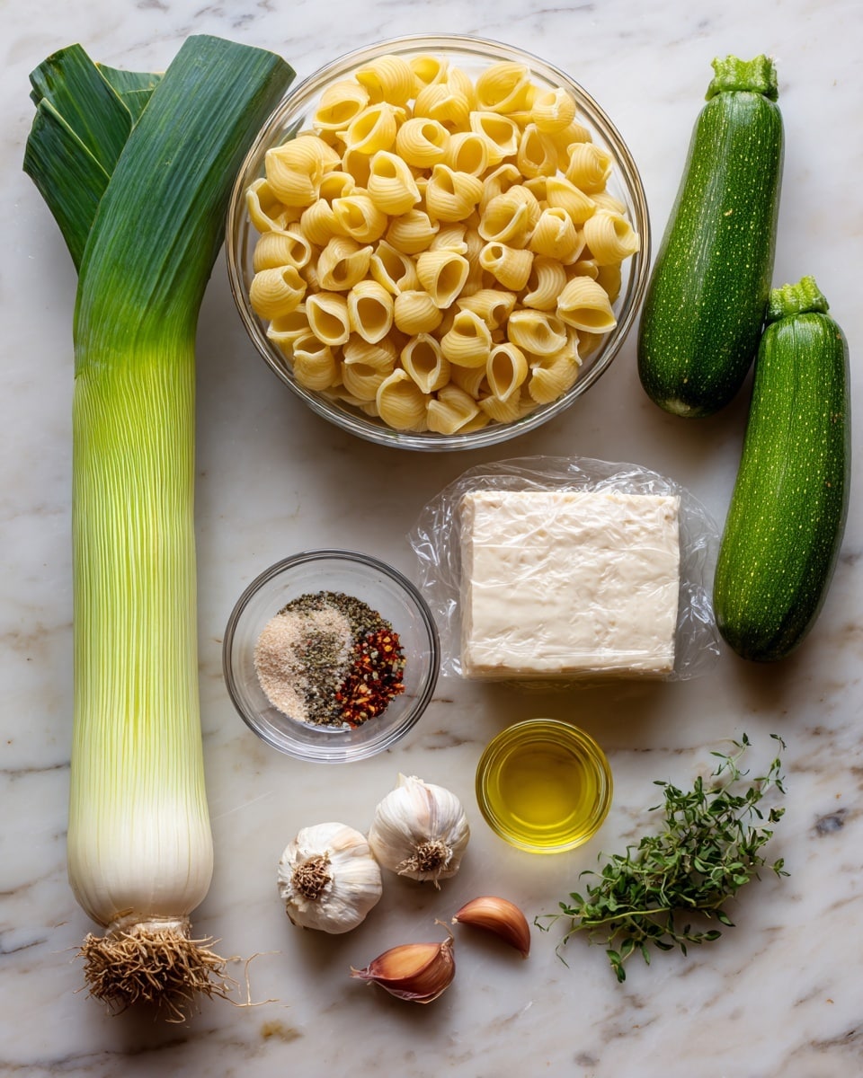 The image shows uncooked yellow shell pasta in a clear glass bowl at the top left, next to two whole green zucchinis on the right side. Below the pasta bowl is a block of white cheese wrapped in plastic. To the left of the cheese is a large green leek with visible texture and roots at the bottom. Below the cheese is a small clear glass bowl filled with mixed salt, black pepper, and red chili flakes. To the right of this bowl is a small glass of yellow olive oil. Near the olive oil are fresh green herbs with small leaves. To the right of the herbs are four peeled garlic cloves and a whole small brown shallot. All items are arranged on a white marbled surface. photo taken with an iphone --ar 4:5 --v 7