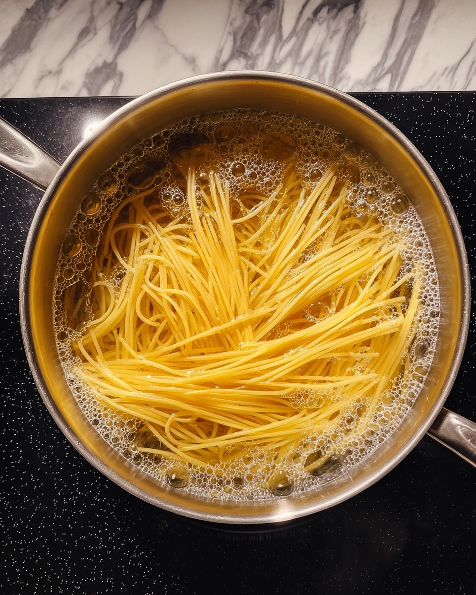 A silver pot filled with boiling water and long, light yellow spaghetti noodles fully submerged and swirling gently. Fine bubbles rise to the surface, creating a light foam around the edges of the noodles. The pot sits on a shiny black stove top, and the background features a white marbled texture. photo taken with an iphone --ar 4:5 --v 7