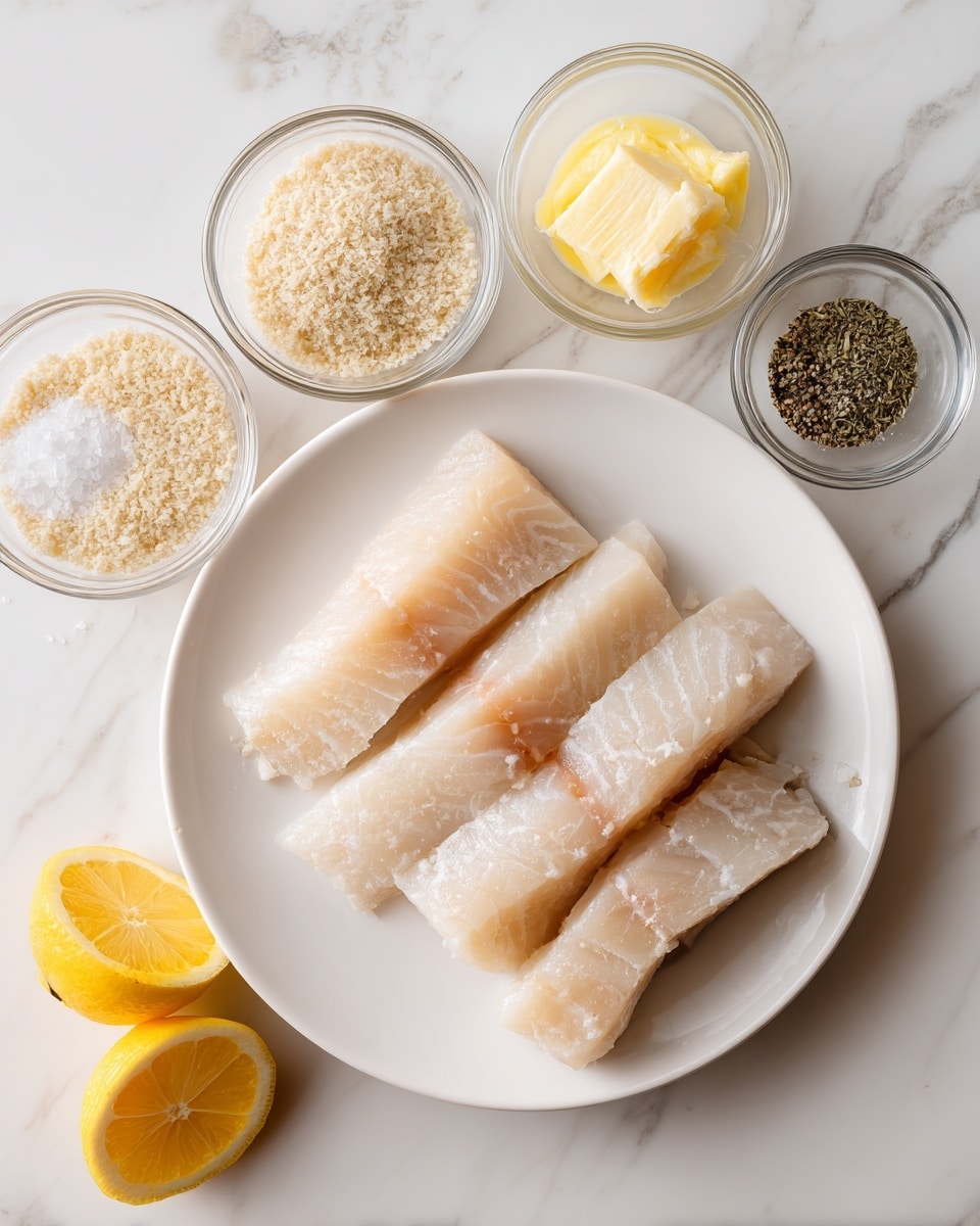 The image shows a white plate with four pieces of raw fish fillets that are light beige with a slightly shiny texture, placed in a loose row. Around the plate on a white marbled surface are five small clear glass bowls containing different ingredients: one with fine beige breadcrumbs, one with crumbled white cheese, one with a yellow melted butter, one with mixed dried herbs, and one with salt and black pepper. Two lemon wedges, one larger and one smaller, rest near the bottom left of the plate. The setup is clean and bright with all items clearly separated. photo taken with an iphone --ar 4:5 --v 7