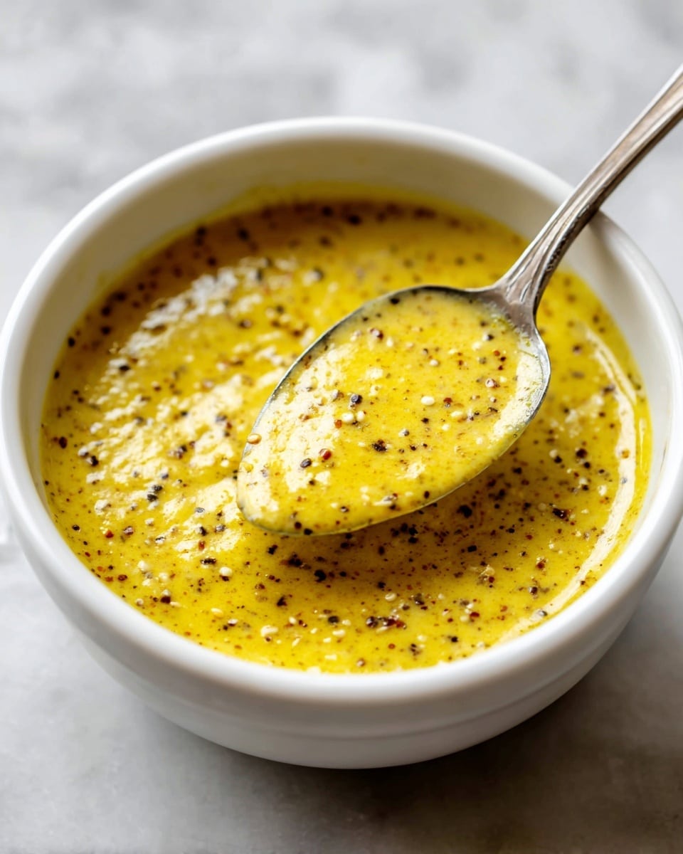 A close-up view of a white bowl with a thick, grainy mustard sauce inside. The mustard sauce is layered in the bowl with flecks of black pepper and small mustard seeds visible throughout. A shiny silver spoon rests inside the bowl, lifting a portion of the yellow mustard sauce that has a slightly oily texture on the surface. The bowl is set on a white marbled surface. photo taken with an iphone --ar 4:5 --v 7