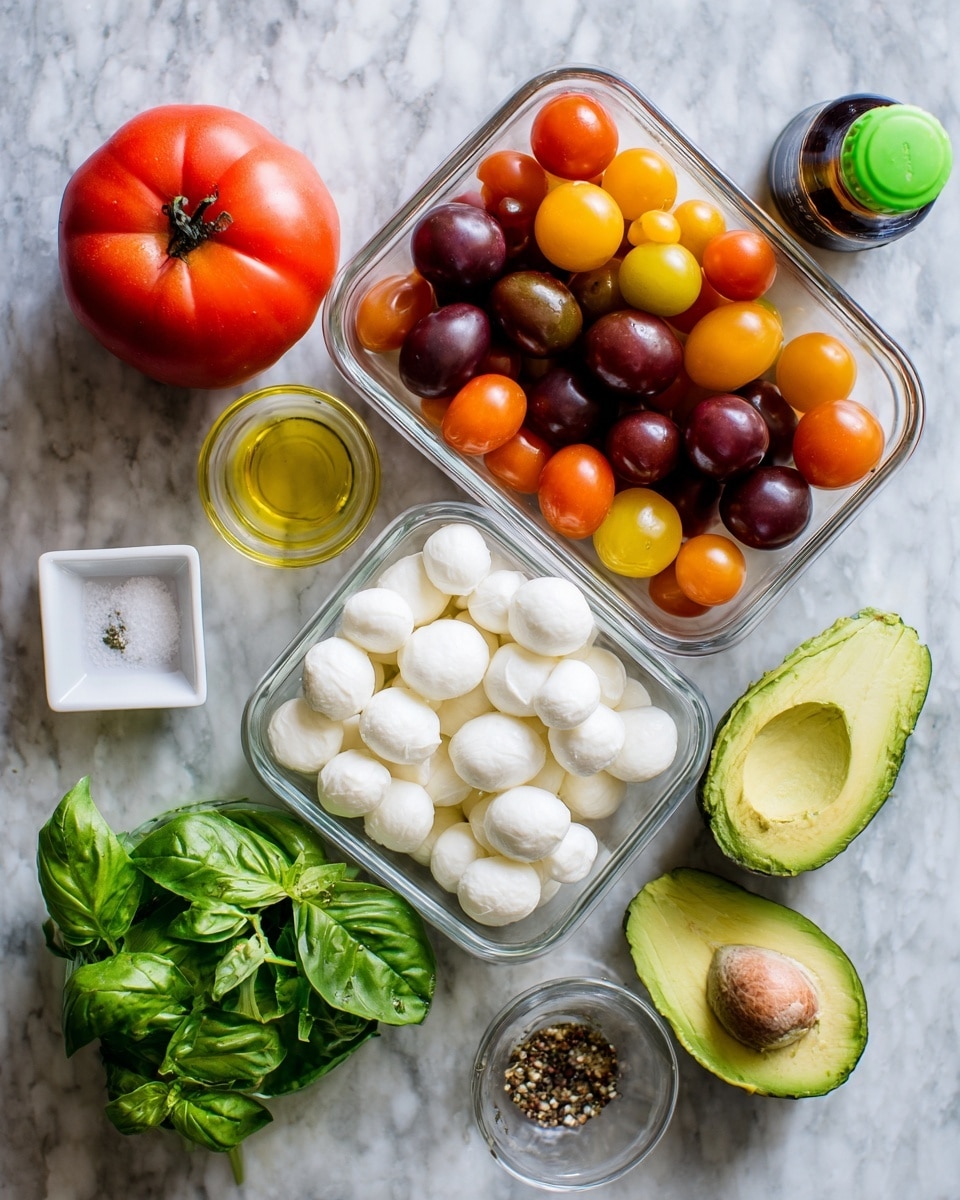 A white bowl filled with a colorful salad, showing three main layers: the bottom layer is made of sliced red, yellow, and orange cherry tomatoes, halved and spread across the bowl; on top of this, thick slices and wedges of green avocado are placed around the edge and throughout the salad, showing smooth, creamy texture; scattered evenly on the top are many small white mozzarella balls, smooth and shiny, mixed with a few larger slices of red tomato. The bowl sits on a white marbled surface. photo taken with an iphone --ar 4:5 --v 7