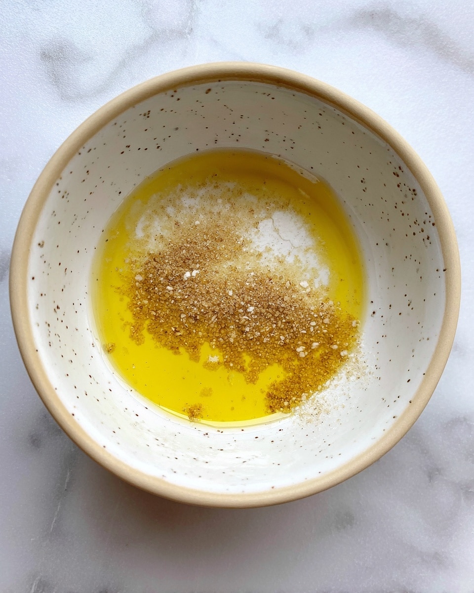 A white speckled bowl with a beige rim holds a mix of three distinct layers: a clear yellow oil layer floats on top, beneath it is a grainy brown layer, and at the bottom, there are some pale off-white pieces that look soft and slightly textured. The bowl sits on a surface with a white marbled texture. photo taken with an iphone --ar 4:5 --v 7