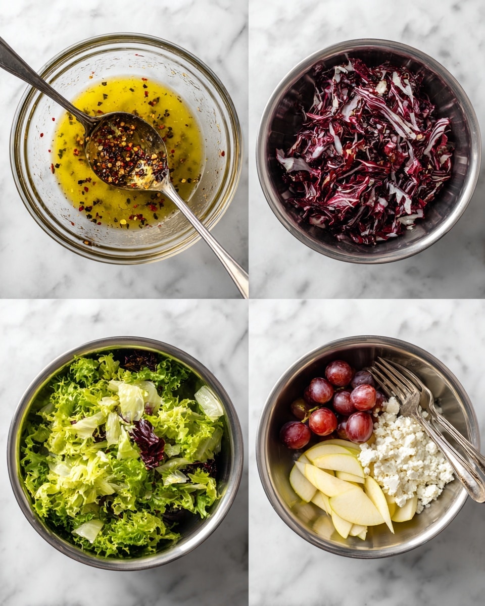 The image shows four steps of making a fresh salad on a white marbled surface. The first step is a close-up of a glass bowl with golden oil dressing with red pepper flakes and black pepper, with a spoon lifting some dressing. The second step shows shredded dark reddish-purple radicchio layered over a base of bright green curly lettuce in a silver bowl. The third step adds halved small red grapes and crumbled white cheese on top of the mixed green and radicchio leaves inside the same silver bowl, with two forks ready to toss. The last step adds thin, pale yellow apple slices on top of the salad mix in the silver bowl, ready to be mixed for a fresh, colorful salad. Photo taken with an iphone --ar 4:5 --v 7