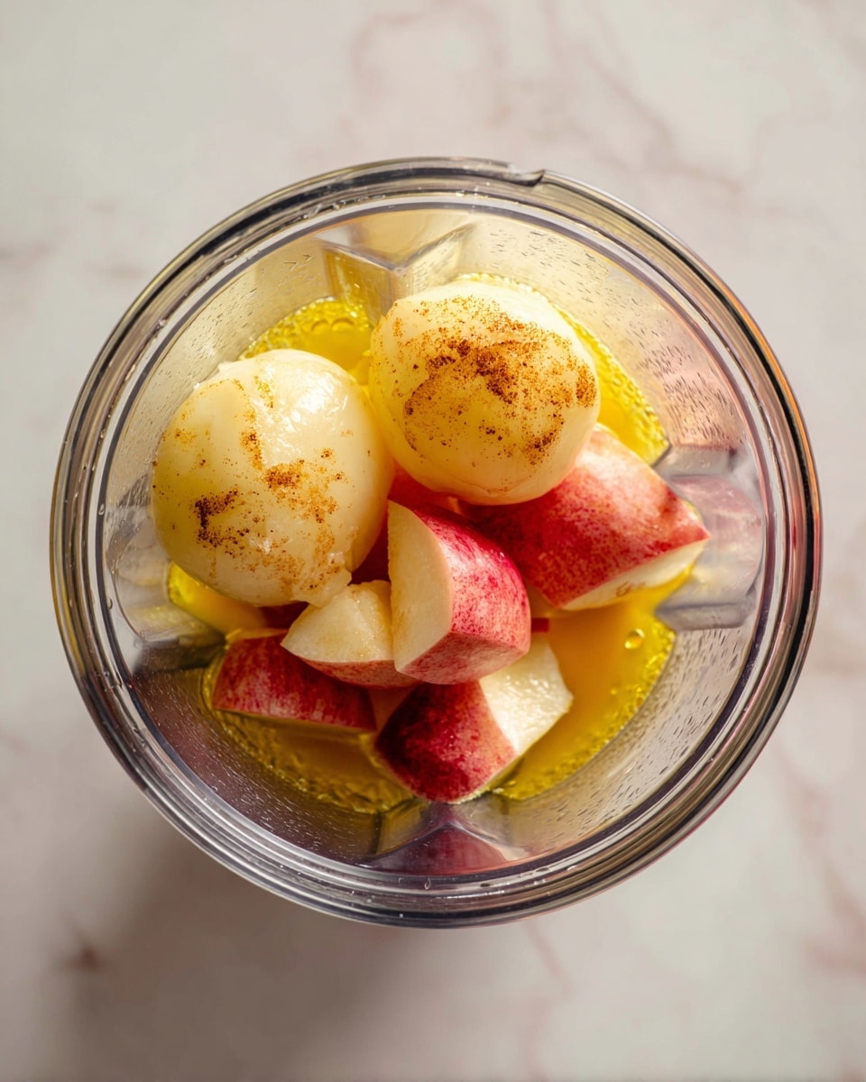 Inside a clear blender container, there are two thick onion halves with a light brown cooked texture on top. Below them, a few pieces of red-skinned apple slices with pale flesh are visible, showing some softness and slight browning. The ingredients are partly covered with golden-yellow liquid, giving a glossy look. The blender sits on a white marbled surface. Photo taken with an iphone --ar 4:5 --v 7