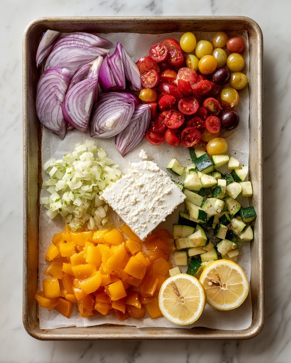 A baking tray holds five groups of fresh ingredients laid out separately on parchment paper, placed on a white marbled surface. In the top left corner, there are curved slices of red onion with purple and white layers. To the right of the onions, a mix of small yellow, red, and brown grape tomatoes forms a colorful cluster. Below the tomatoes, a chopped pale green zucchini is spread out in small chunks. At the bottom left, there is a pile of bright orange bell pepper pieces. In the middle of the tray, a white block of feta cheese sits as the central piece. At the bottom right corner, there are two halves of a lemon with visible seeds and a juicy texture. Photo taken with an iphone --ar 4:5 --v 7