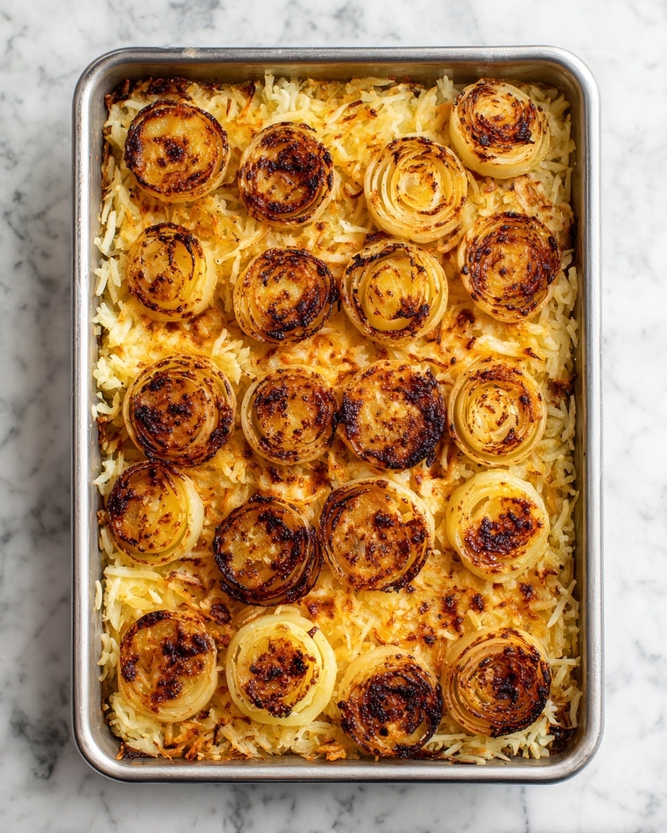 The image shows a metal baking tray with a single layer of thin, crispy, golden brown shredded potatoes spread evenly across the surface. On top of this potato layer, there are evenly spaced slices of grilled onions, each showing distinct circular rings and a light golden to brown color with some darker char spots, giving a textured, roasted look. The tray is set against a white marbled surface. photo taken with an iphone --ar 4:5 --v 7