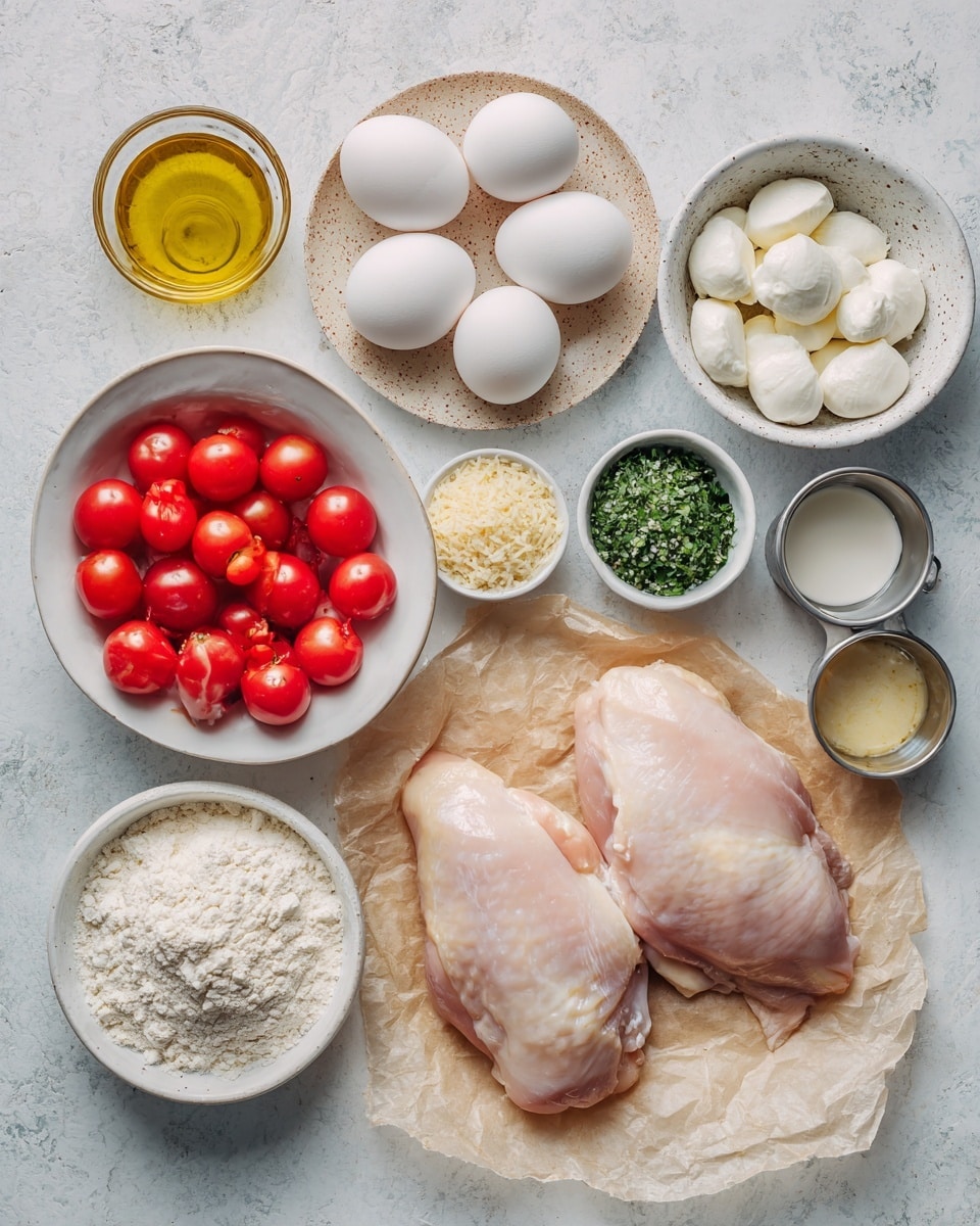 Two raw chicken pieces lie on light brown parchment paper on the right side of the image. Surrounding them are various small white bowls and containers filled with cooking ingredients: bright red halved cherry tomatoes in a white bowl, small white mozzarella balls in another white bowl, chopped green herbs in two small white bowls, a beige speckled plate holding three white eggs, a small white cup with grated cheese, a tiny black bowl with light brown powder, a metal measuring cup with yellow olive oil, another metal cup with pale yellow breadcrumbs, and a metal cup with white flour. All items rest on a white marbled surface. Photo taken with an iphone --ar 4:5 --v 7