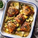 Oven Roasted Chicken Thighs with Potatoes, White Beans, and Artichokes Recipe