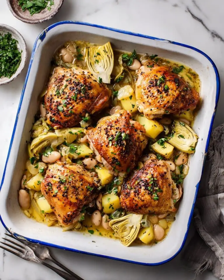 Oven Roasted Chicken Thighs with Potatoes, White Beans, and Artichokes Recipe