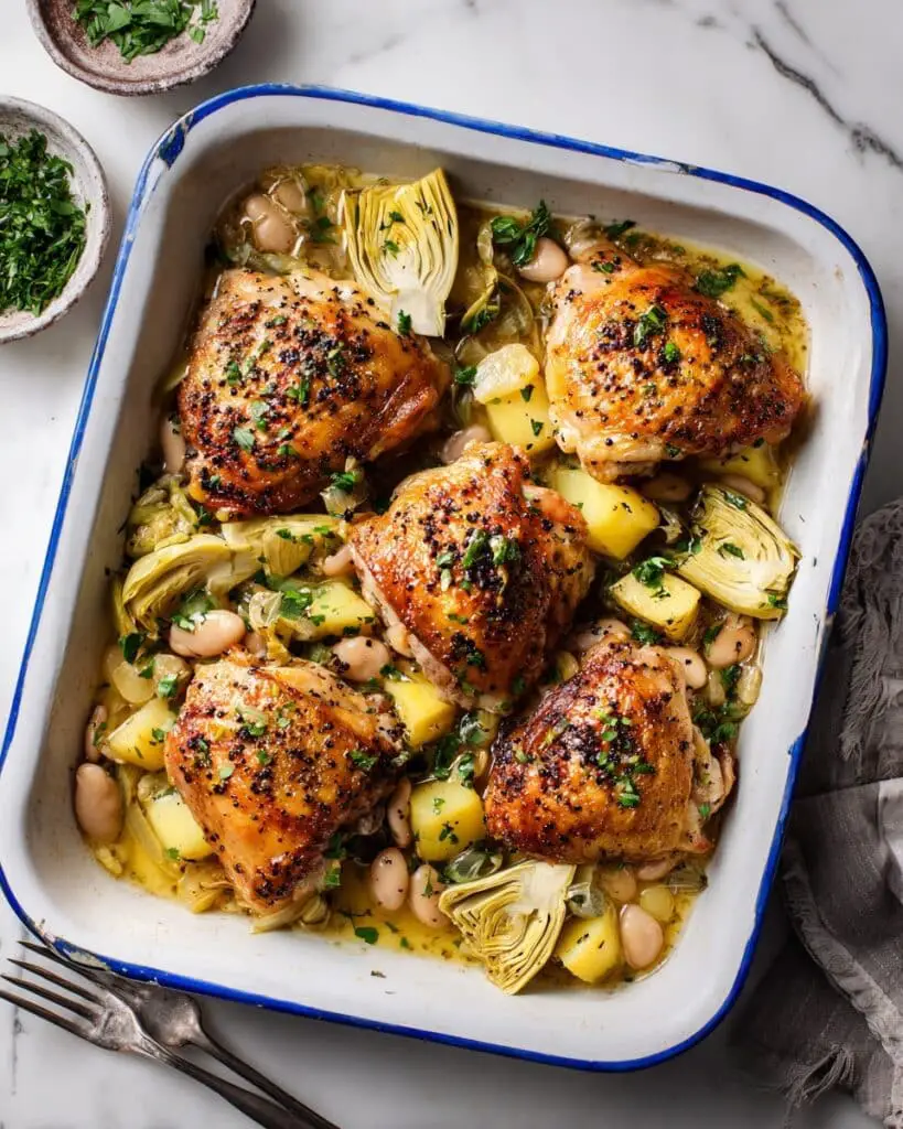Oven Roasted Chicken Thighs with Potatoes, White Beans, and Artichokes Recipe