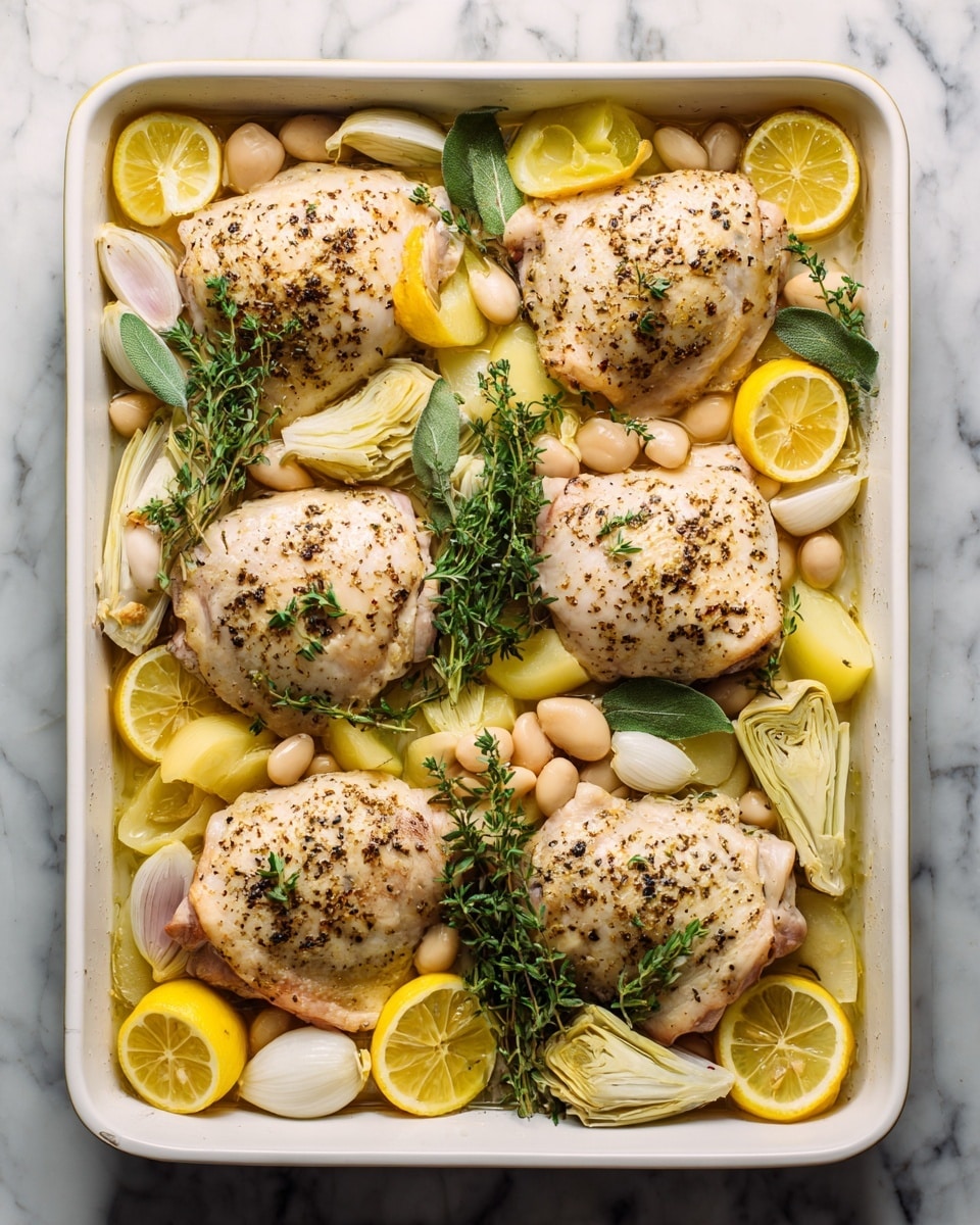A white rectangular baking dish holds six pieces of seasoned chicken thighs arranged in two rows. Underneath and around the chicken, there are thin yellow lemon slices, pale yellow potato pieces, white beans, and light green artichoke hearts. Light pink sliced shallots are scattered among the vegetables. Fresh green thyme sprigs lie on top of the chicken, which is seasoned with black pepper and herbs. The dish sits on a white marbled surface. photo taken with an iphone --ar 4:5 --v 7