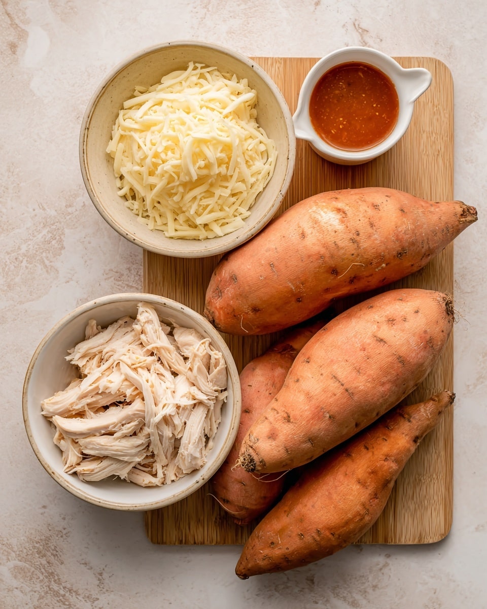 The image shows four whole sweet potatoes with a rough orange skin placed on a wooden chopping board at the right side. To the left, there is a white bowl filled with shredded pale yellow cheese, a small white cup with a reddish brown sauce that looks shiny, and a beige bowl holding shredded light beige cooked chicken. All items are arranged on a beige kitchen surface that can be changed to a white marbled texture. photo taken with an iphone --ar 4:5 --v 7