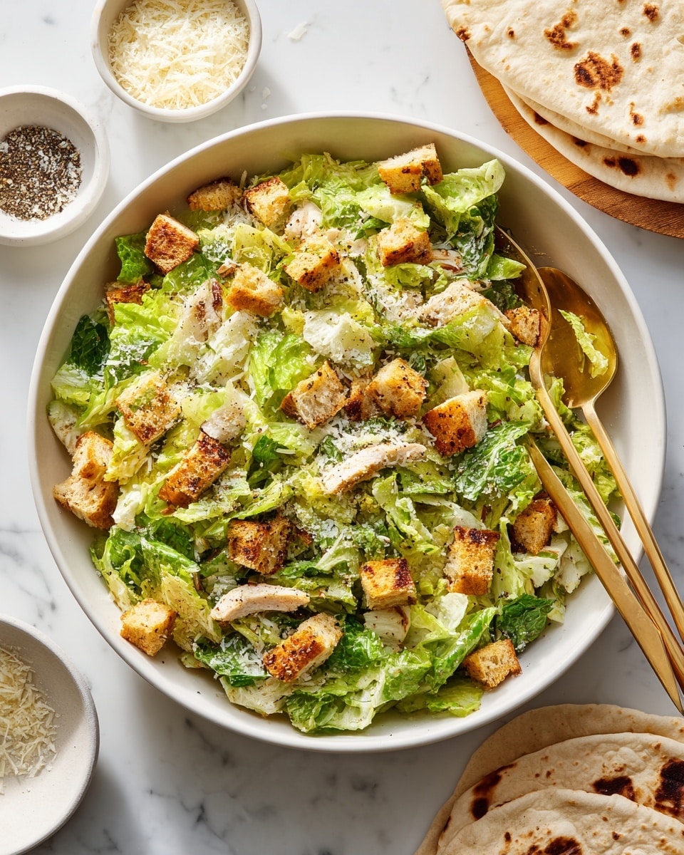 A large white bowl holds a fresh salad with three main layers: green romaine lettuce pieces, light beige cubes of cooked chicken, and golden brown crunchy croutons, all mixed evenly. Two long, thin gold spoons rest inside the bowl, one near the top and another near the bottom. Surrounding the bowl on a white marbled surface are a small white bowl of grated cheese, a small white bowl of black pepper, a white bowl of extra croutons, and a stack of white tortillas with brown spots on the upper right. The scene looks bright and fresh, with simple food styling. Photo taken with an iphone --ar 4:5 --v 7