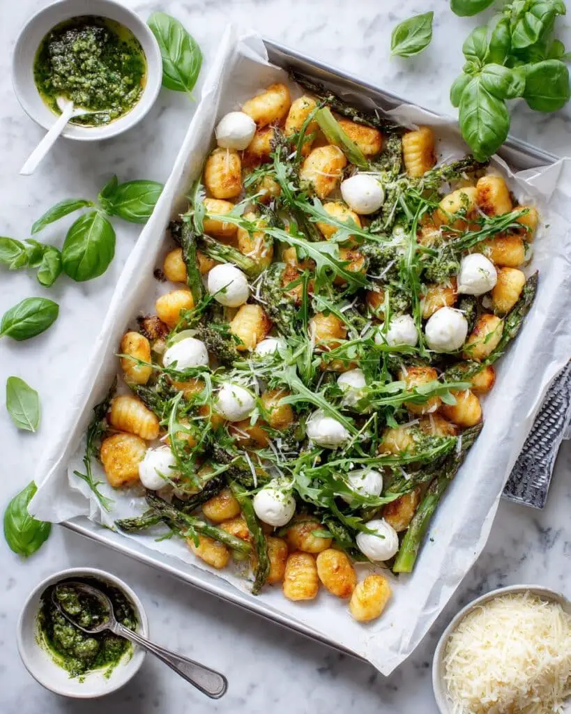 Spring Sheet Pan Gnocchi with Asparagus, Fresh Mozzarella, and Basil Pesto Recipe