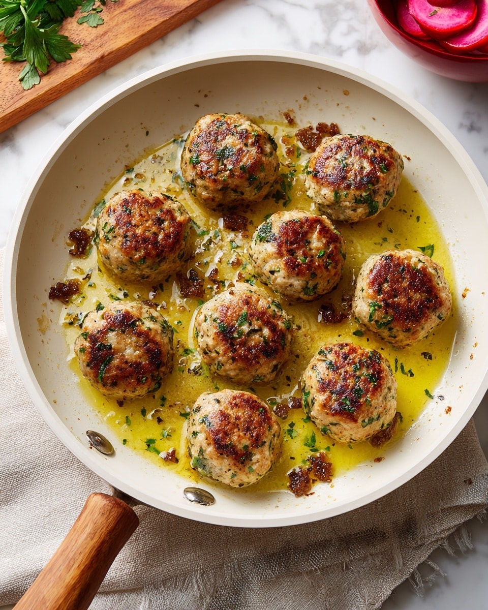 A white pan holds nine round, golden-brown meatballs, each speckled with green herbs and cooked to a light crisp on top. They rest in bubbling yellow butter or oil that pools unevenly around them, with browned bits scattered in the center of the pan. The pan’s wooden handle lies on a light beige cloth, which sits on a white marbled surface. There is a hint of green herbs on the left side on the surface, and a wooden board with some green leaves and a red bowl with pink slices is partly visible. Photo taken with an iphone --ar 4:5 --v 7