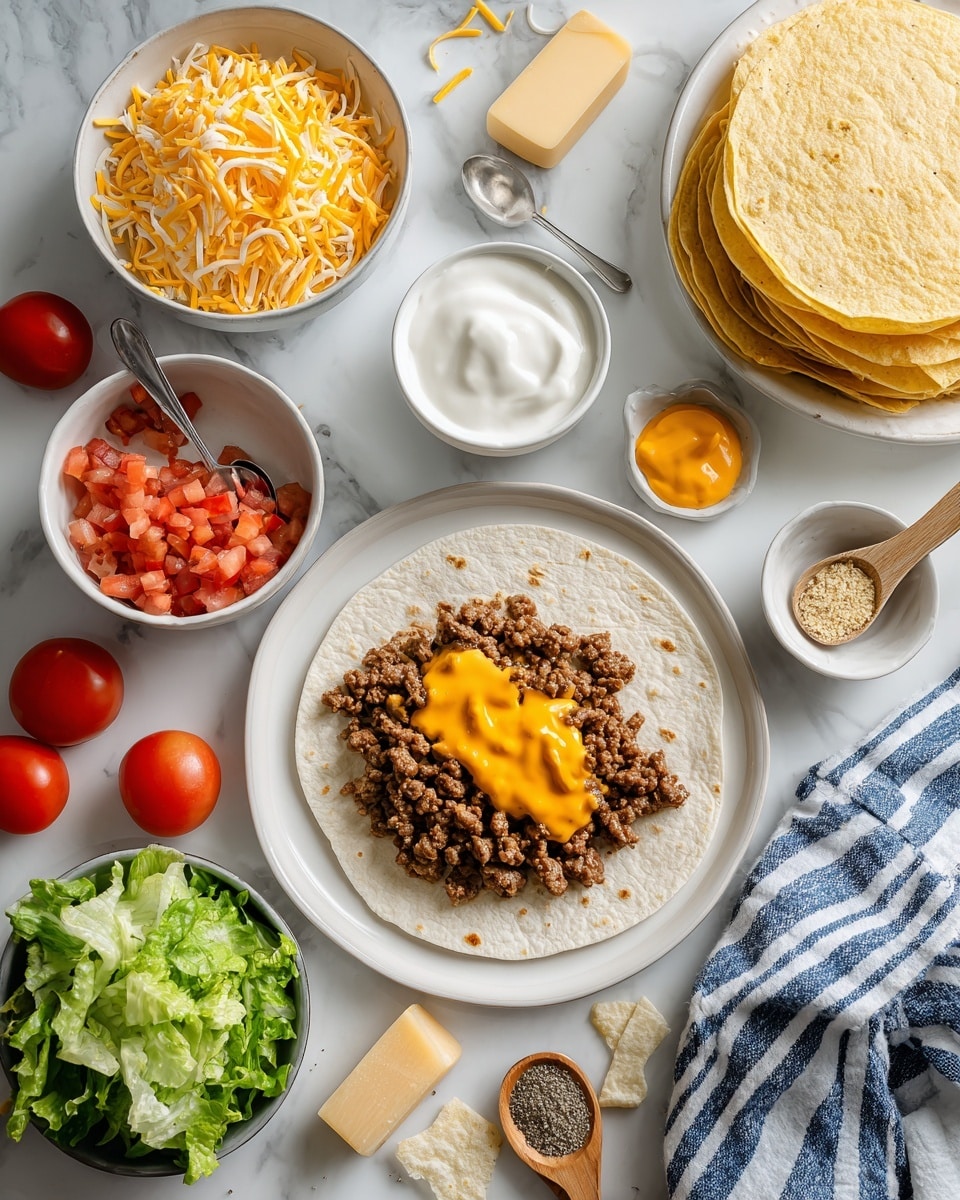 The image shows three folded quesadilla pieces stacked on a white square plate, set on a white marbled surface. Each quesadilla has three visible layers: the outer soft, pale golden tortilla, a layer of melted orange cheese, and a mixture of brown cooked ground beef with small bright red tomato pieces and light green shredded lettuce. The quesadillas are cut to show their cross-section, highlighting the melty cheese and fresh filling inside. The background includes blurred objects like a round crisp green lettuce head, a white container, and a red tomato, all sitting on the white marbled surface. Photo taken with an iphone --ar 4:5 --v 7