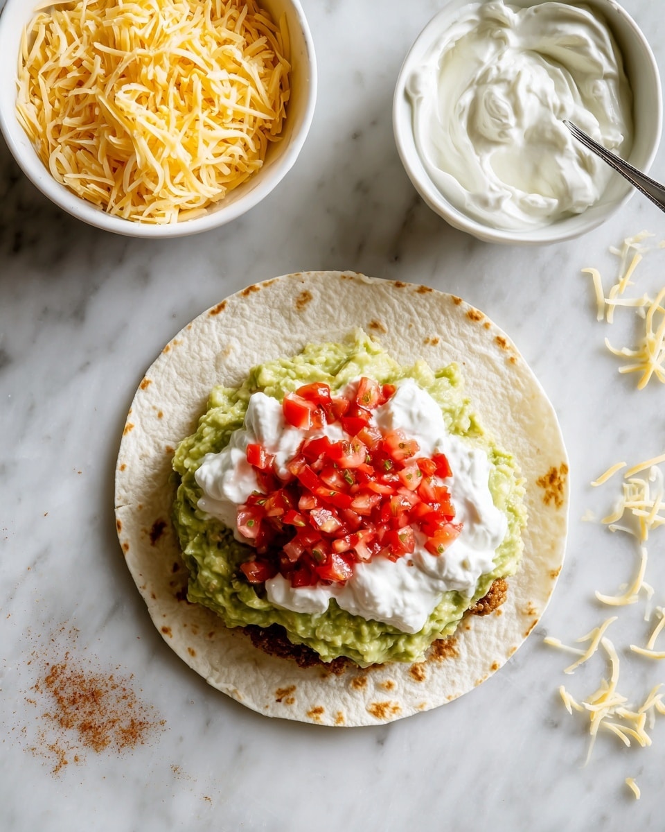 The image shows a white tortilla on a white plate placed on a white marbled surface. The tortilla is open with a layer of cooked ground meat topped with a drizzle of orange cheese sauce in the center. Surrounding the tortilla are white bowls containing shredded yellow and white cheese, chopped green lettuce, cooked ground meat with a silver spoon, chopped red tomatoes, and orange cheese sauce with a spoon. There is also a stack of round yellow taco shells on a white plate, a small bowl of white sour cream, a wooden spoon with seasoning, a block of cheese with a grater, two whole and sliced tomatoes, and some tortilla pieces scattered around. A blue and white striped cloth is on the top right. Photo taken with an iphone --ar 4:5 --v 7