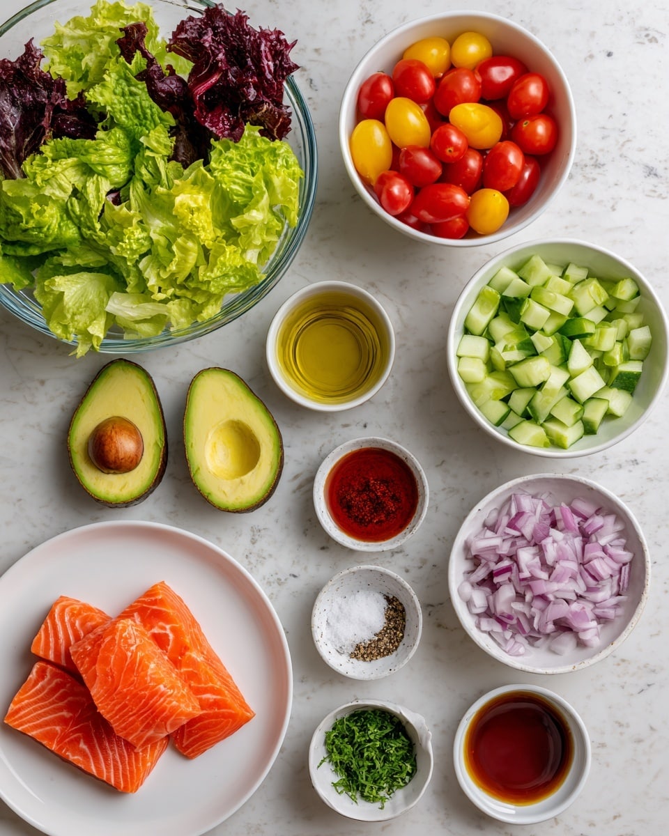 The image shows a clear glass bowl filled with green and dark red lettuce leaves at the top left. To the right, there are three small white bowls stacked vertically, each containing different ingredients: red and yellow cherry tomatoes in the top bowl, chopped green cucumber in the middle bowl, and chopped red onions in the bottom bowl. Below these, there are five small white speckled bowls with various sauces or spices including olive oil, vinegar, red sauce, salt, and chopped herbs. At the bottom left, a white plate holds four slices of raw orange salmon, next to two avocado halves placed on a white marbled surface. photo taken with an iphone --ar 4:5 --v 7