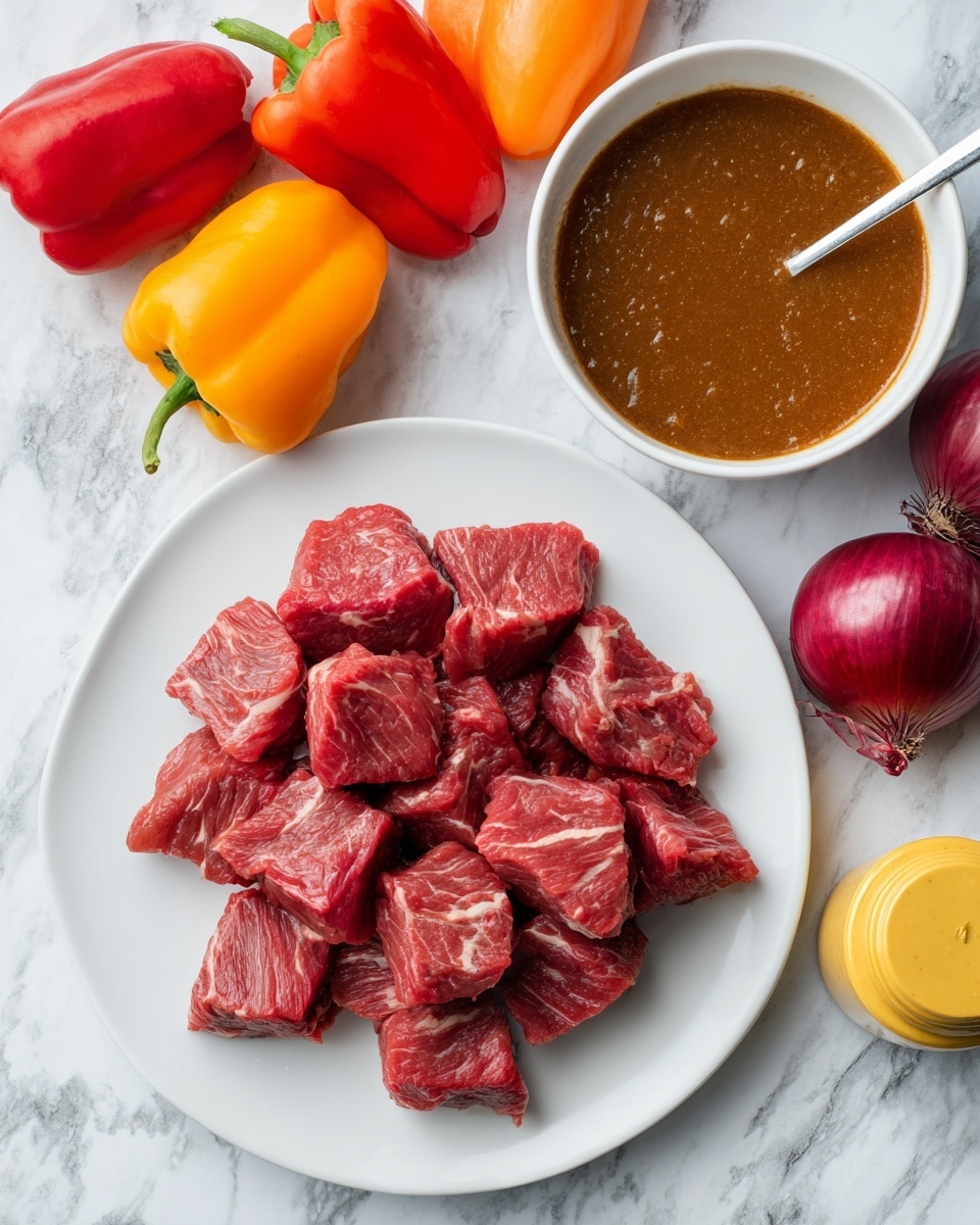 A white plate holds chunks of red raw beef arranged in a loose pile, with visible marbling and texture. Above the plate, there is a white bowl filled with thick brown sauce with a silver spoon inside. Around the plate, three whole bell peppers in red, orange, and yellow are placed on a white marbled surface, along with two whole red onions. A yellow mustard container sits near the bottom right of the frame. The scene is brightly lit, showing clear contrasts in colors and textures. photo taken with an iphone --ar 4:5 --v 7