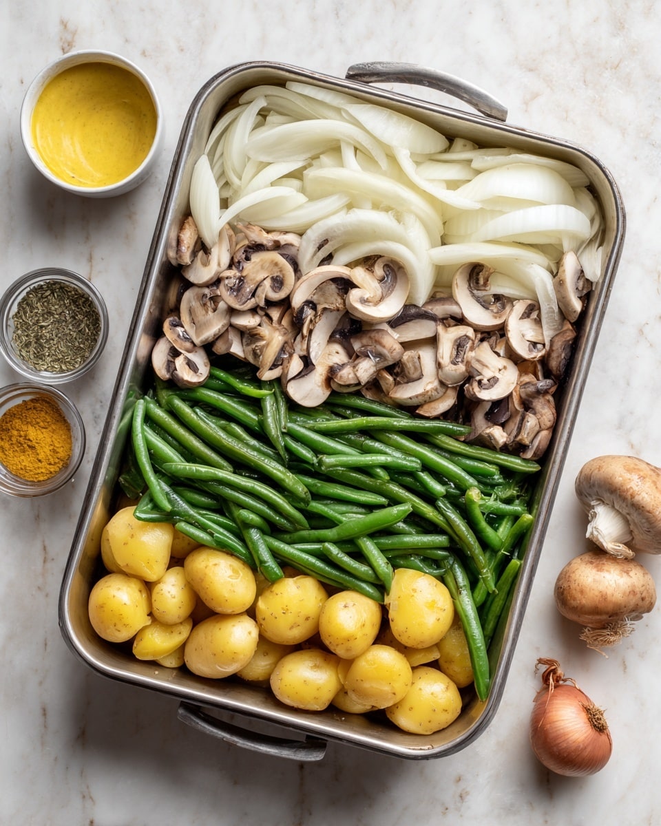 A metal baking pan filled with four even layers of raw vegetables arranged side by side: at the top, white sliced onions with curved shapes and smooth texture; below that, light brown sliced mushrooms with dark gills visible on some pieces; beneath the mushrooms, a layer of whole green beans with a shiny, smooth surface; and at the bottom, halved small yellow potatoes with soft texture and some skin still on. The pan sits on a white marbled surface with a small white bowl of yellow mustard sauce nearby and packaged vegetables and spices surrounding the scene. Photo taken with an iphone --ar 4:5 --v 7
