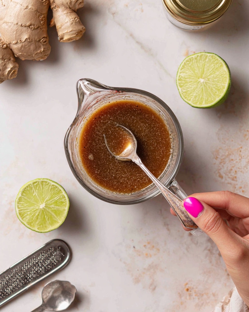 A clear glass measuring cup filled with a brown, slightly thick liquid being stirred by a spoon held by a woman's hand with pink nail polish on a white marbled surface. Around the cup, there is a squeezed lime cut into two halves with a greenish-yellow, textured interior. There are metal measuring spoons resting on the surface near the cup, and a piece of fresh ginger root on a metal grater is partially visible in the top left corner. A jar with a gold lid is placed on the right side of the frame. The scene is well-lit and has a casual, kitchen setting feel. photo taken with an iphone --ar 4:5 --v 7