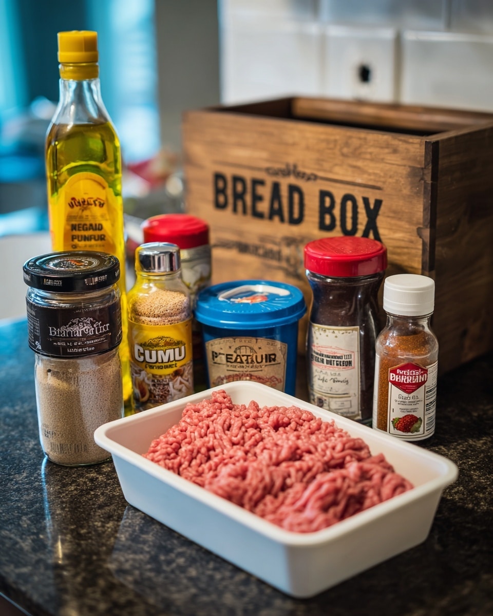 The image shows a group of cooking ingredients arranged on a dark kitchen counter in front of a wooden box labeled