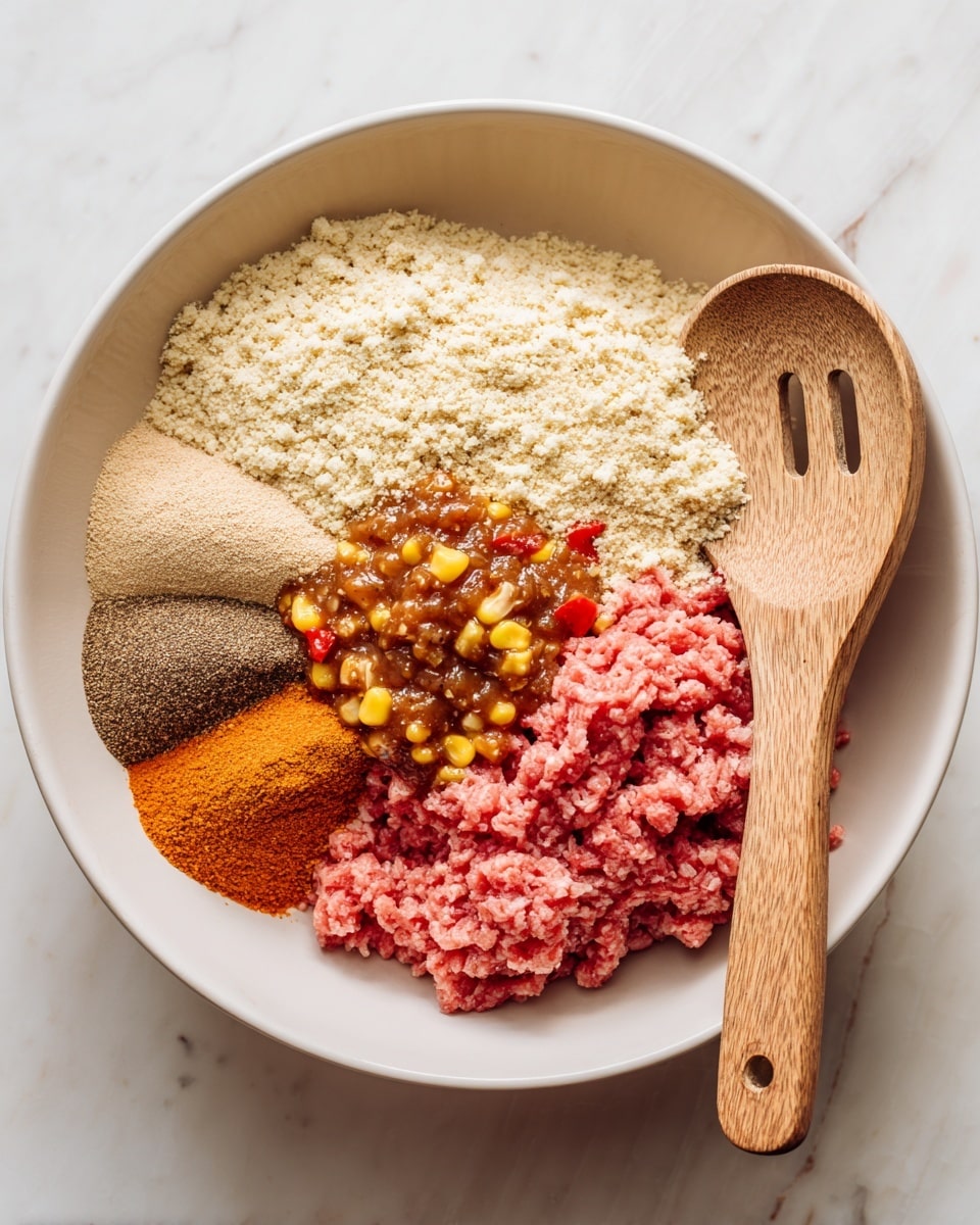 In a white bowl on a white marbled surface, there is one main layer of pink raw ground meat forming a thick base on the bottom right. Next to the meat on the bottom left, there are three powders placed side by side in small piles: a light tan powder, a dark brown powder, and a reddish-orange powder. Above the powders and the meat, there is a glossy, chunky brown sauce with visible small bits of vegetables, such as corn and red pieces, creating a textured layer. Topping the back half of the bowl is a thick, coarse layer of beige breadcrumbs. A wooden spoon with two round holes is partially visible on the right edge of the bowl, resting on the bowl's rim. Photo taken with an iphone --ar 4:5 --v 7