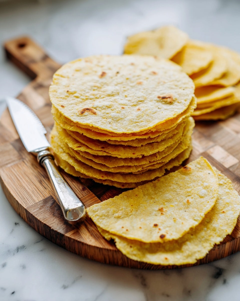 Several stacks of yellow corn tortilla quarters are placed on a wooden cutting board with a checkered pattern. Each stack shows two to three layers of tortillas with a slightly rough texture and some brown spots. A white handled silver knife lies diagonally on the bottom left side of the cutting board, partially lifting one stack of tortilla quarters. The surrounding surface is white with a marble texture. photo taken with an iphone --ar 4:5 --v 7