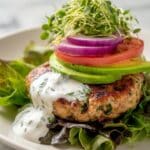 Salmon Burgers with Lemon Dill Yogurt Sauce and Fresh Veggies Recipe