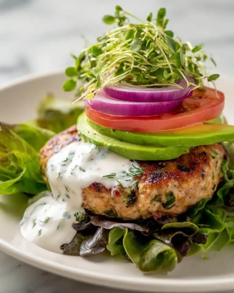 Salmon Burgers with Lemon Dill Yogurt Sauce and Fresh Veggies Recipe