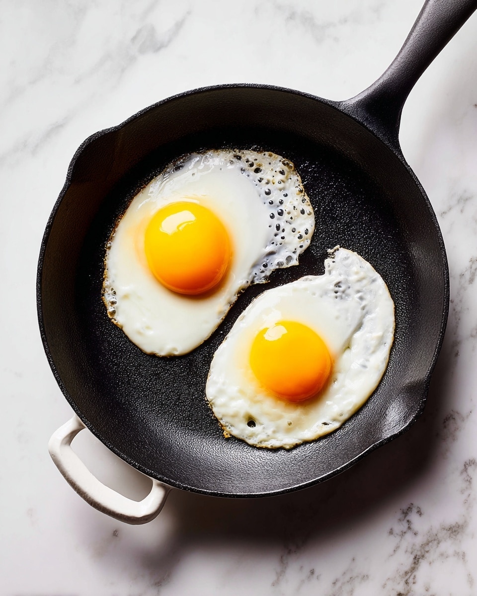 Two sunny-side-up eggs are cooking in a black cast iron skillet with a smooth, slightly shiny texture. Each egg has a bright yellow yolk in the center surrounded by white, slightly crispy edges that create an uneven round shape. The skillet sits on a white handle placed on a white marbled surface with soft gray veins, giving a clean, bright background. The arrangement is simple and focused on the contrast between the black skillet and the vibrant eggs. photo taken with an iphone --ar 4:5 --v 7