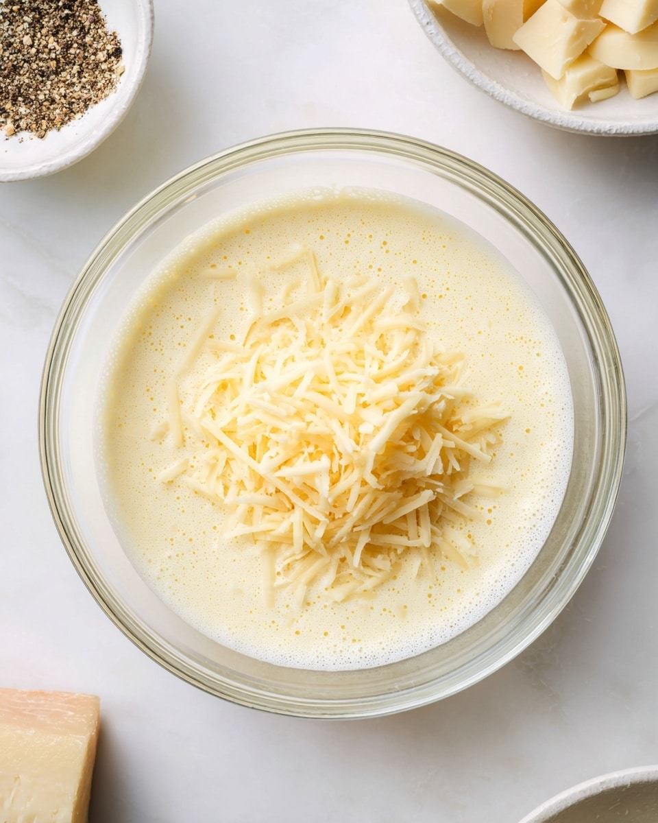 A clear glass bowl sits center on a white marbled surface, filled with a light yellow, frothy liquid base. On top, there is a small pile of pale yellow shredded cheese scattered loosely, adding texture and contrast. In the upper left corner, there is a small white bowl containing coarsely crushed black pepper, and in the upper background, a small portion of another white bowl with light-colored pieces, possibly cheese, is visible. The overall look is clean and simple, with soft natural lighting highlighting the creamy and textured ingredients photo taken with an iphone --ar 4:5 --v 7