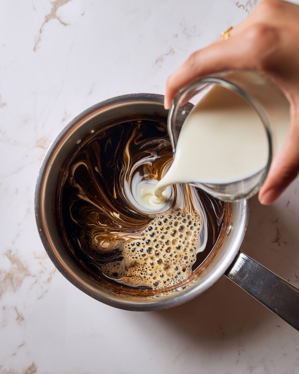 A close-up view of a metal pot with dark brown liquid inside, with a creamy white liquid being poured from a glass jug held by a woman’s hand on the right side; the creamy liquid creates light swirls and bubbles as it mixes with the dark liquid in the pot, all set on a white marbled surface. photo taken with an iphone --ar 4:5 --v 7
