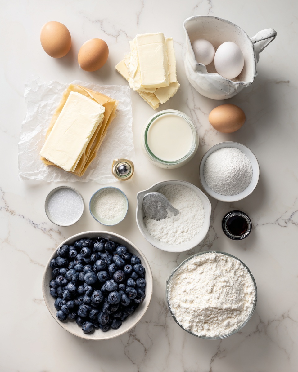 The image shows a round baking pan with three visible layers. The bottom layer is a light beige dough crust, folded unevenly around the edges of the pan. The middle layer is a smooth, creamy white batter spread evenly inside the dough base. The top layer is a thick layer of fresh, plump blueberries scattered densely, covering almost the entire batter. The pan sits on a white marbled surface with some loose blueberries placed nearby. Photo taken with an iphone --ar 4:5 --v 7