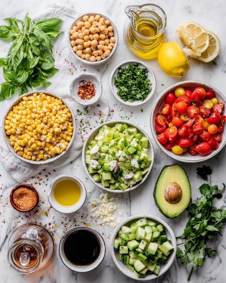 A white bowl sits on a white marbled surface, filled with six distinct layers arranged side by side. Starting from the left, there are halved red cherry tomatoes with a shiny, moist texture, followed by diced green cucumber pieces with a firm, fresh look. Next is grilled corn cut into small rounds, showing bright yellow kernels with some dark char marks. Beside the corn is a pile of fresh green leafy herbs with textured, slightly ruffled leaves. Then, a group of light beige round chickpeas with a smooth surface fills the next section. Finally, diced avocado pieces with a smooth, creamy texture and greenish-yellow color complete the last layer. Photo taken with an iphone --ar 4:5 --v 7