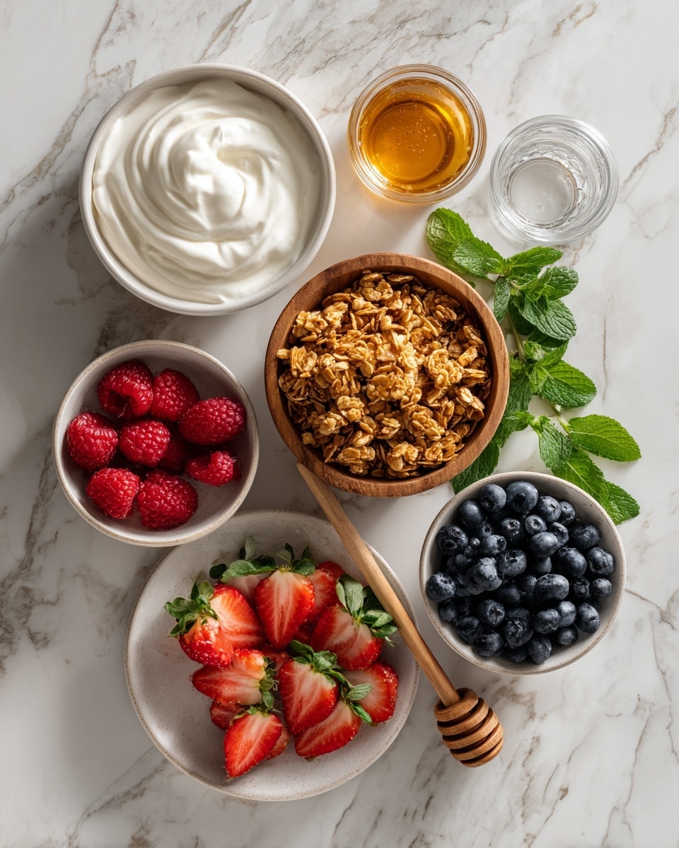 The image shows a clear glass jar with four layers of food starting with a creamy white yogurt base at the bottom. Above the yogurt is a cluster of bright red strawberries and dark blue blueberries mixed together. On top of the berries there is a layer of light brown granola with a crumbly texture. The jar is placed on a white marbled surface with a plain light background, and the focus is on the fresh colors and textures inside the jar. photo taken with an iphone --ar 4:5 --v 7