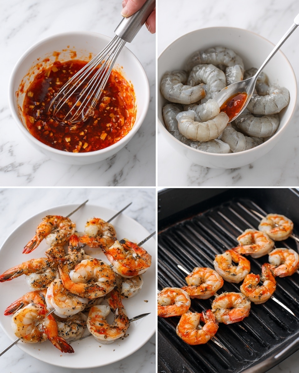 The image shows four separate stages of preparing shrimp on skewers. The top left is a white bowl with reddish sauce filled with small bits, a silver whisk is stirring the sauce, a woman's hand is holding the whisk. The top right is a white bowl with raw shrimp inside, the shrimp are gray and white with tails on, and a silver spoon drizzles the reddish sauce on them. The bottom left is a white plate filled with shrimp on metal skewers, the shrimp are raw with some reddish sauce on them. The bottom right is a black grill pan with skewered shrimp cooked to a pink-orange color and char marks on the shrimp. All images have a white marbled background. Photo taken with an iphone --ar 4:5 --v 7