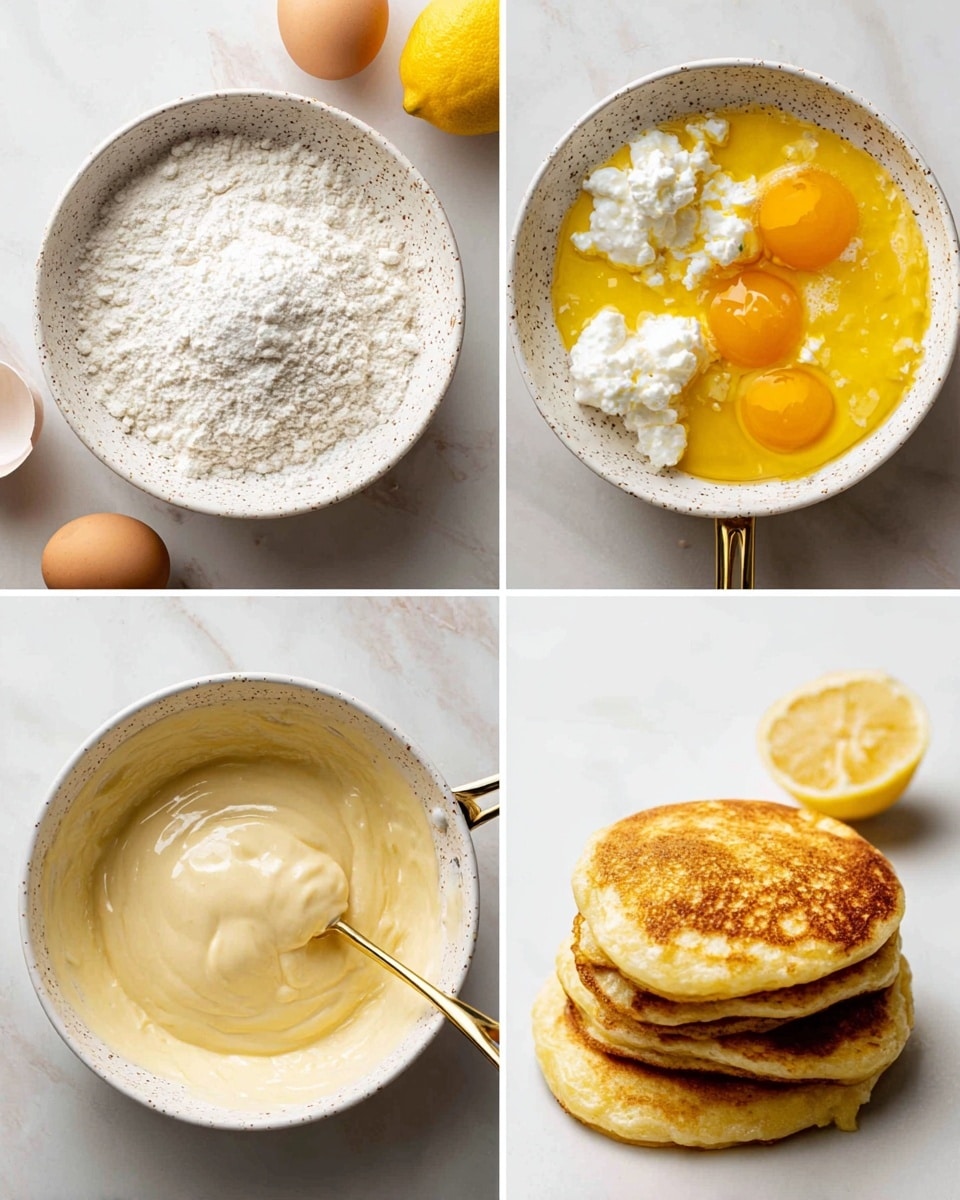 The image is divided into four parts showing the process of making pancakes. The first part shows a white speckled bowl filled with white flour on a white marbled background, with half a lemon and some eggs around it. The second part shows the same bowl now filled with yellow egg yolks, white dollops of cottage cheese, and a white liquid being poured in, creating a mix of yellow, white, and cream textures. The third part has the bowl filled with a thick, creamy batter that is pale yellow with a smooth texture. The last part shows three golden brown pancakes with a slightly crispy surface cooking in a white pan with a gold handle, alongside a halved lemon on the side. Photo taken with an iphone --ar 4:5 --v 7