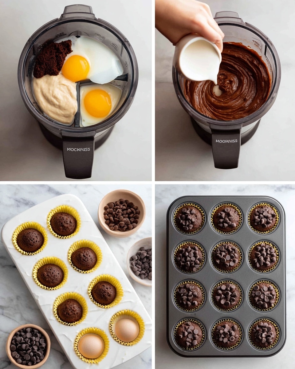 The image shows four smaller images in a grid. The top left image has a blender with layers of ingredients inside: two raw eggs with bright yellow yolks, light beige mashed bananas, dark brown chocolate, and a white creamy layer on top. The top right image shows the blended mix inside the blender, now smooth and thick, with a rich brown chocolate color. The bottom left image shows a white marbled surface with a white muffin tray lined with yellow paper cups, being filled with the chocolate batter from the blender. There are two bowls of dark chocolate chips nearby, and a woman's hand is pouring the batter. The bottom right image shows the same muffin tray filled with batter and topped with scattered dark chocolate chips on each muffin, all ready to bake. Photo taken with an iphone --ar 4:5 --v 7