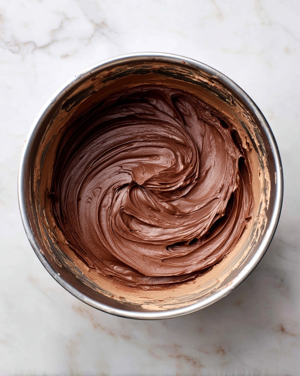 A round metal mixing bowl holds a thick, smooth swirl of dark brown chocolate frosting with a creamy texture. The frosting covers the bottom and part of the sides of the bowl, leaving streaks along the inside walls. The bowl is placed on a white marbled surface. Photo taken with an iphone --ar 4:5 --v 7