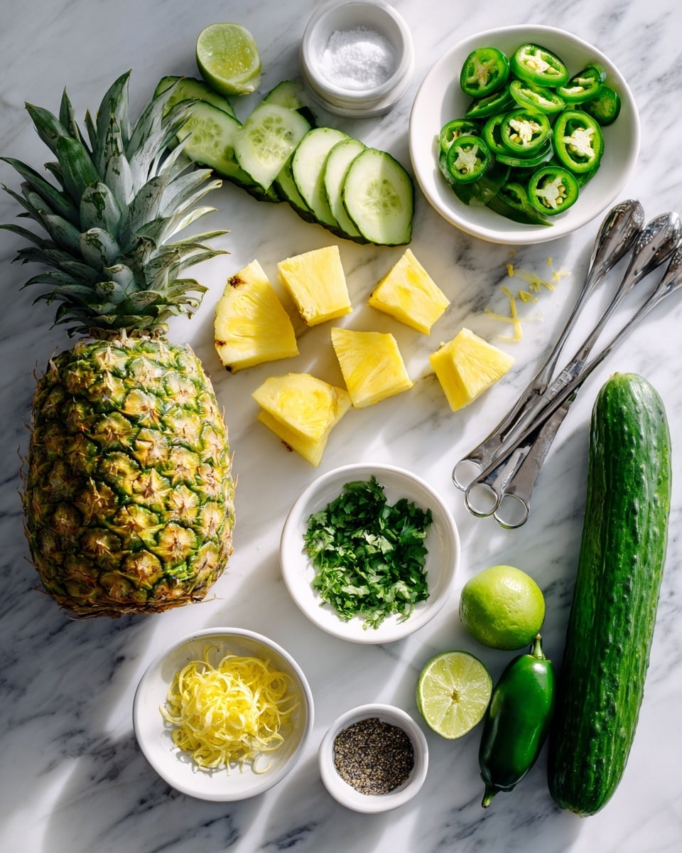 A wooden cutting board placed on a white marbled surface holds a freshly chopped pineapple with its green spiky top and outer skin partially removed on the right side. The board is filled with many uneven yellow pineapple chunks spread across the center. On the bottom left side, slices of pineapple skin with small green spikes are placed next to a few thick cucumber slices showing a dark green peel and pale green flesh. Near the top left corner, several lime wedges with bright green skin and juicy light green inside are arranged. A large knife with a dark wooden handle rests diagonally on the right part of the board next to the pineapple top, and a few sprigs of green herbs sit near the top right corner. A striped cloth with white and gray tones is partially visible at the bottom right edge. Photo taken with an iphone --ar 4:5 --v 7